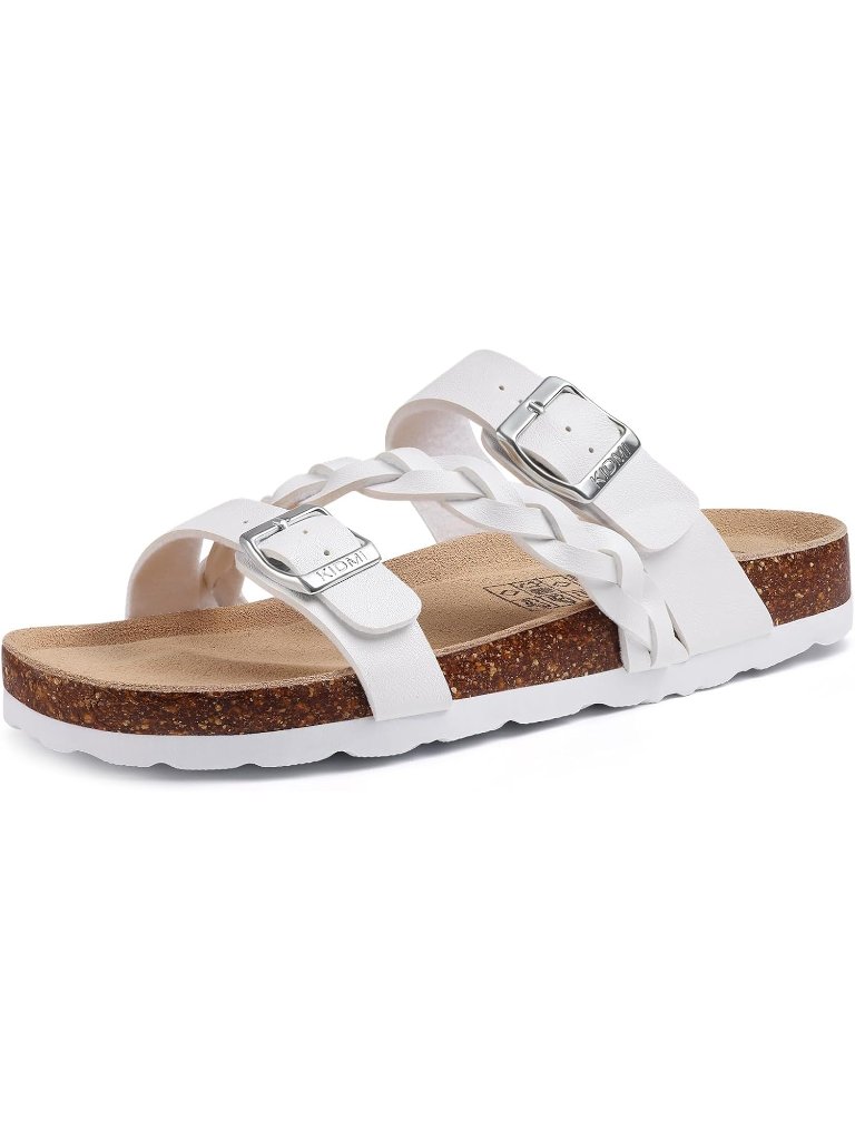 Women's White Slide Flat Sandals Cork Footbed Slip-On Adjustable Buckle Shoes